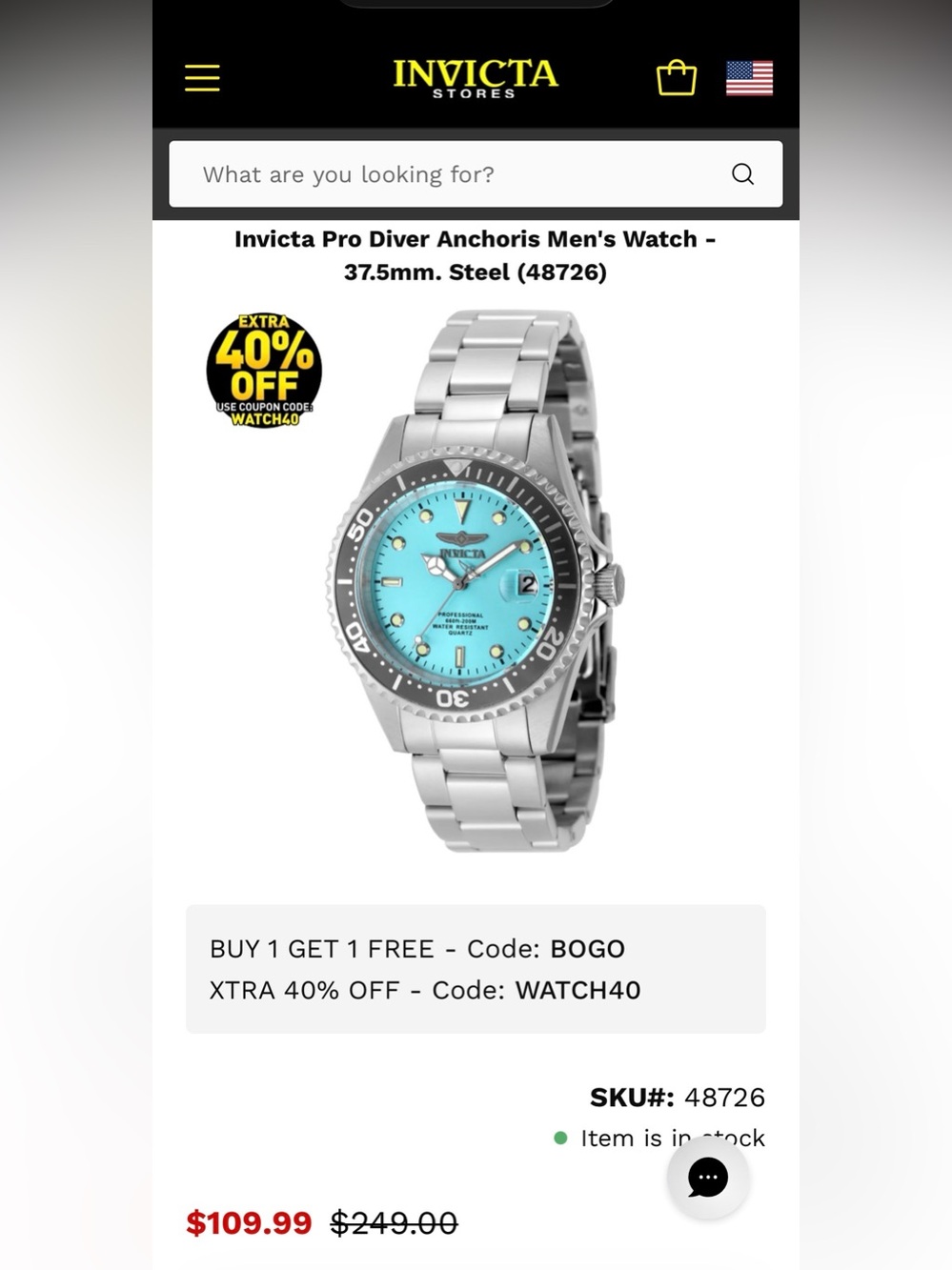 *NEW* Invicta 48726 Pro Diver Men's 37.5mm Teal Blue Dial St. Steel Quartz Watch - Picture 5 of 5